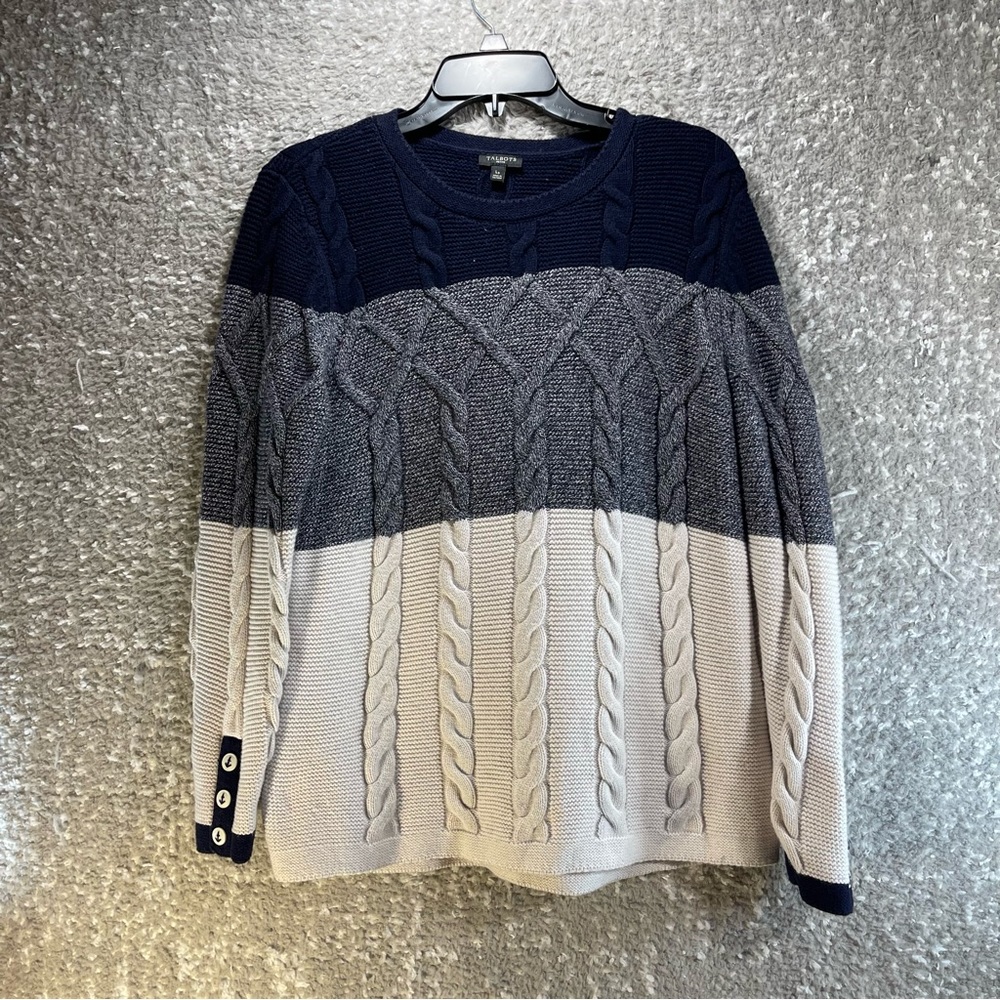 Talbots‎ Women’s Large Petite Navy Ivory Striped Cable Knit Sweater Nautical